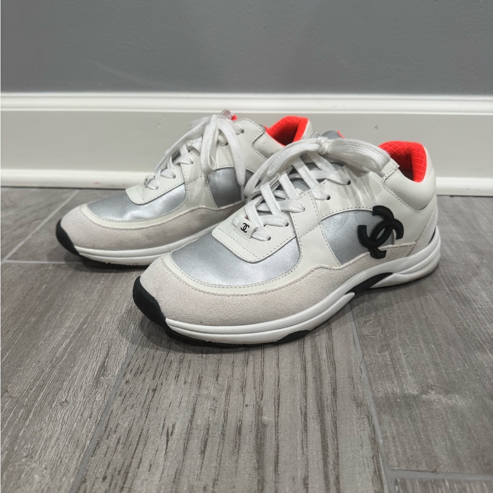 CHANEL White and Silver Athletic Shoes